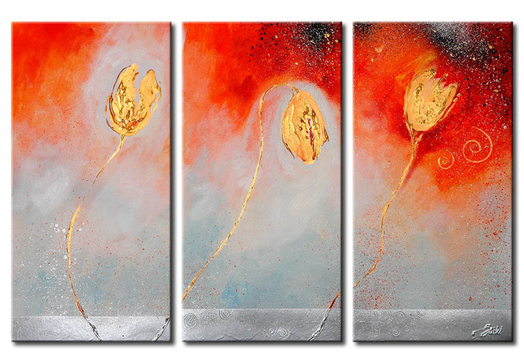Wandbild Erwachen des Sommers (3-tlg.) - Abstraktion goldene Tulpen 48689